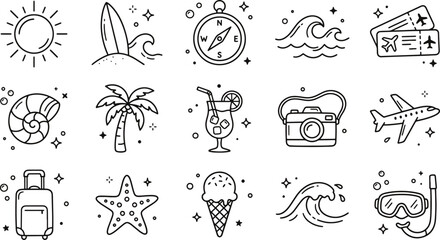 Summer beach vacation and travel line art doodle icons set featuring tropical island surfing cruise holiday elements vector illustration © creative zone