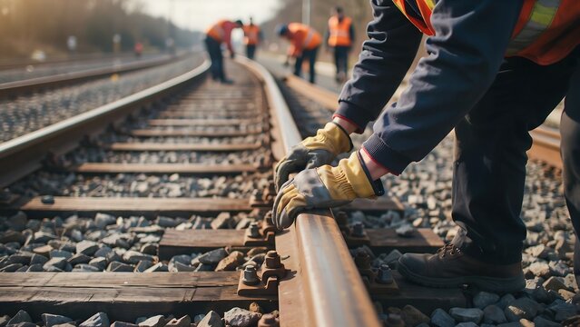 Railway maintenance workers repairing train tracks for transport infrastructure and industrial safety concept