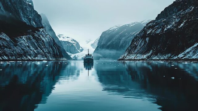 Ship navigating a glacial fjord between steep cliffs