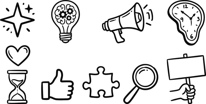 Hand drawn doodle business communication icon set featuring megaphone melting clock puzzle piece brain lightbulb magnifying glass vector illustration