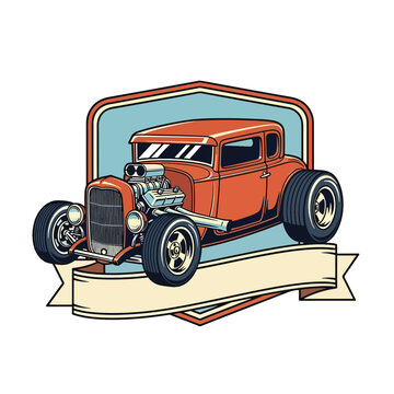 Classic orange hot rod car with blower engine and vintage badge design.