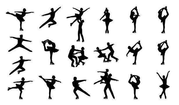 Ice Skating Black Silhouette Vector Collection Isolated on White Background