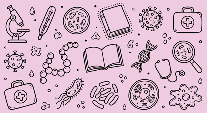 Hand drawn doodle science medical icon collection featuring microscope bacteria virus dna strand stethoscope books and healthcare elements vector illustration
