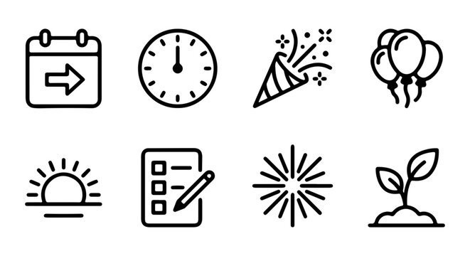Celebration Icons: Calendar, Clock, Confetti, Balloons, Sunrise, Checklist, Sparkler, Plant Growth Vector Set