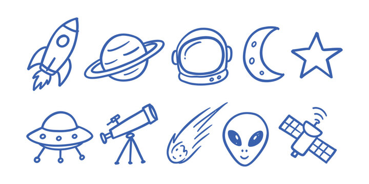 outer space elements and astronomy doodle icon set with rocket ship planet saturn astronaut helmet ufo and alien vector illustration