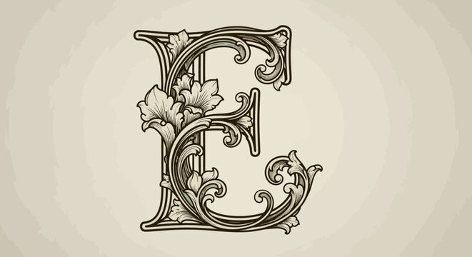 Classical Ornate Capital Letter E with Intricate Floral and Scroll Engraving on Light Cream Background