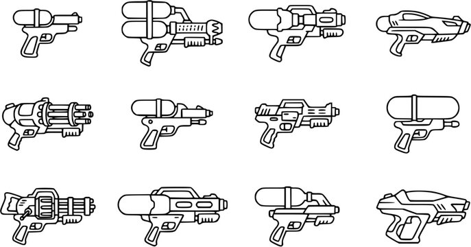 Black and White Line Art Icons of Various Water Guns and Futuristic Blasters