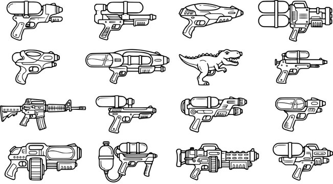 Black and White Outline Vector Art Collection of Toy Guns, Water Blasters, and a Dinosaur for Children's Playtime