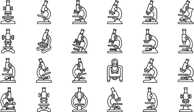 Science Education Medical Laboratory Microscope Line Art Icon Set. Black Outline Glyphs for Scientific Research, Biology, Chemistry, and Lab Equipment.