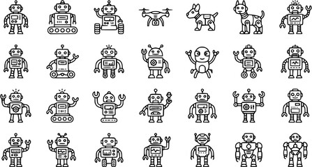 Obraz premium Black and White Line Art Icons of Various Robots, Drones, and Robotic Dogs for Technology Concepts