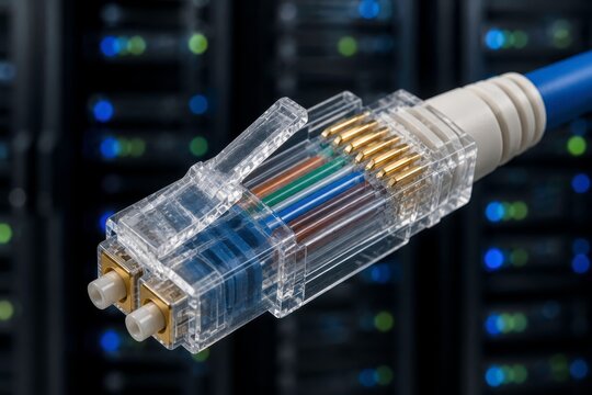 Close-up macro photograph of oftical Fiber LC (Lucent Connector) connector plug crimped onto a optical fiber cable (Converter)