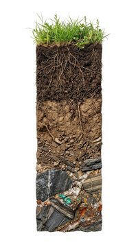Crosssection of soil layers with grass roots and underground minerals