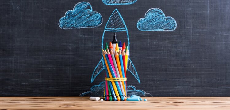 Pencils arranged as a colorful rocket on a chalkboard for school education and art