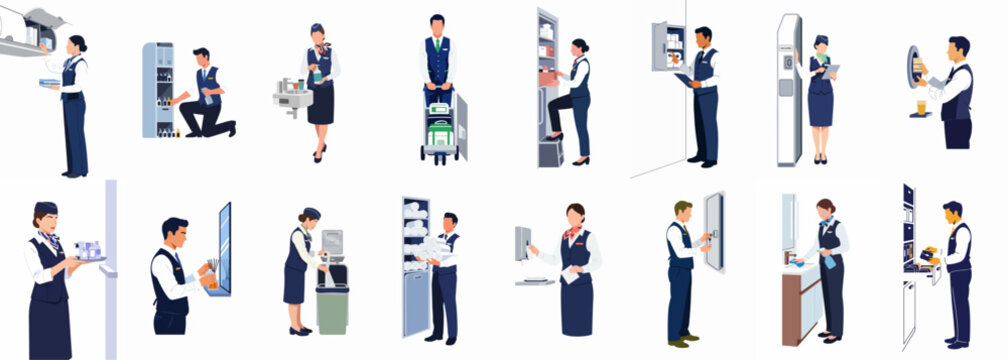 Collection of vector illustrations showing airline cabin crew performing various inflight service, cleaning, and maintenance tasks inside an airplane.