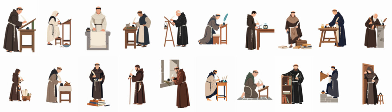 Collection of flat vector illustrations depicting medieval monks engaged in calligraphy, manuscript copying, and scholarly pursuits on a white background.