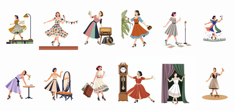 Collection of vintage illustrations showing women in mid-century attire engaged in various activities like traveling, dancing, and enjoying music in a classic retro style.
