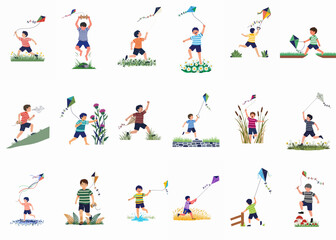 Fototapeta premium Vector illustrations of a young boy flying kites in various outdoor summer scenes, featuring different poses and natural environments.