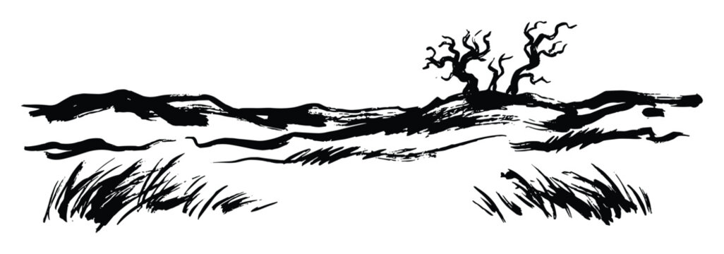 Brush strokes with landscape, grass, and spooky tree
