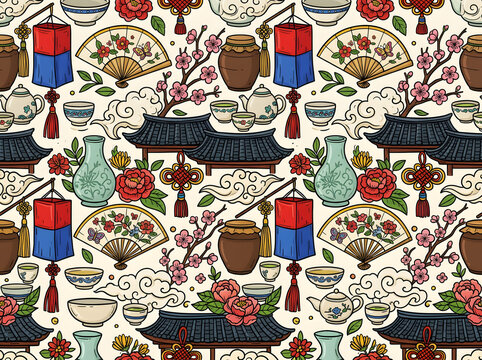 Korean culture seamless pattern with traditional lanterns decorative fans and pottery, hand drawn doodle vector background for festival wrapping paper or cute fabric textile design