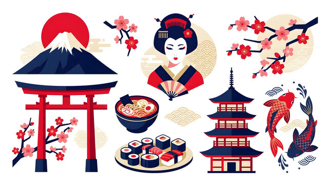 Japanese cultural elements vector illustration collection with Mount Fuji torii gate and geisha, traditional landmark and food icon set for modern travel poster graphic design