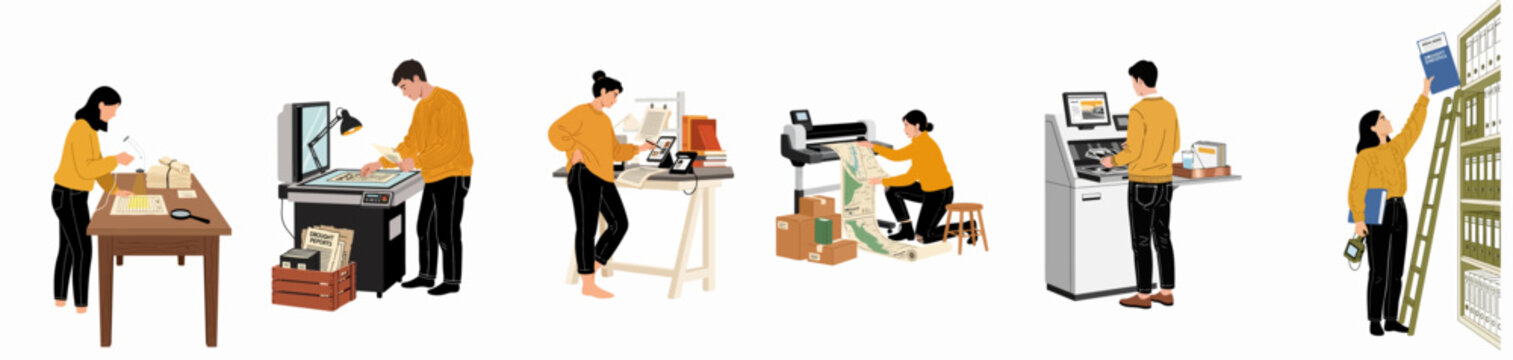 Illustration depicting various stages of professional document archiving, digitization, and research processes within a library or information center environment.