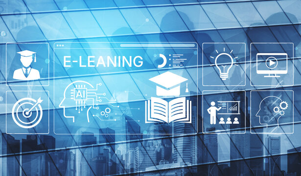 Modern E-Learning Concept with Digital Icons Representing Education, Technology, and Innovation on a Futuristic Background. Bitwise.
