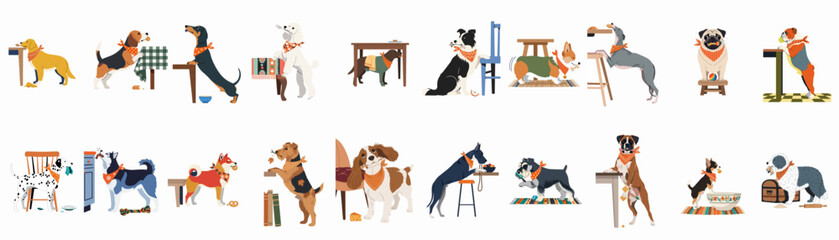 Large collection of various naughty dog breeds stealing food and misbehaving with furniture, flat vector illustration on white background © Pat