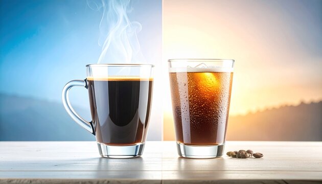 Steaming Hot Coffee and Refreshing Iced Coffee Side by Side