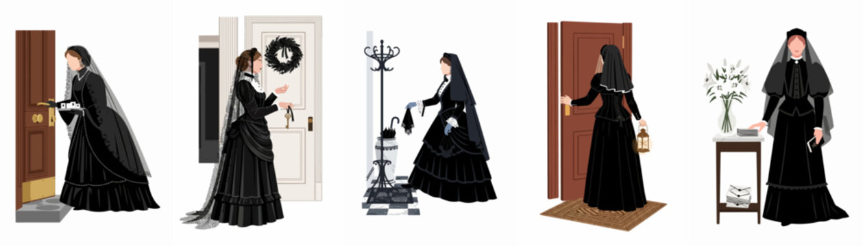 Set of Victorian illustrations featuring a woman in black mourning attire in various scenes including doors, keys, a lantern, and funeral lilies.