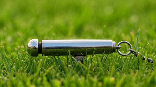 Close-up of a vintage silver pocket watch on green grass.