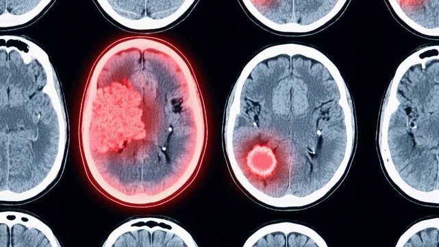 CT brain scan image with glowing red highlights indicating stroke and tumor regions, 4K video