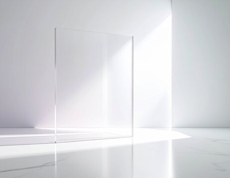 Transparent Glass Panel on White Marble Floor in a Minimalist Room