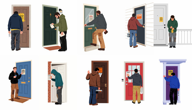 Flat vector illustration set of men facing foreclosure and eviction notices posted on their front doors, depicting financial hardship and housing crisis.