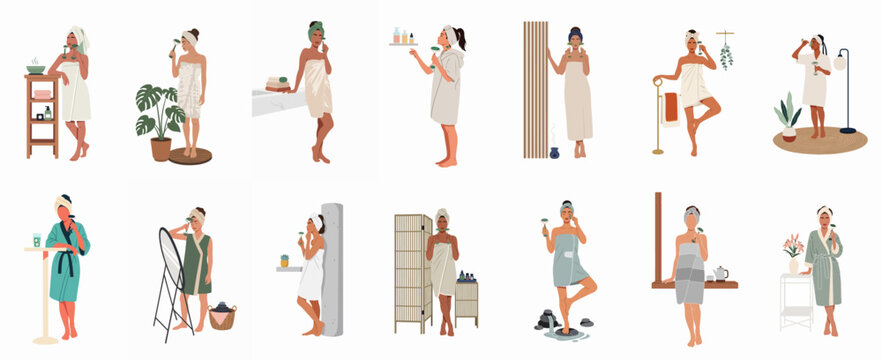 Set of flat vector illustrations depicting women in bathrobes and towels performing facial massages with jade rollers for their daily skincare routines.
