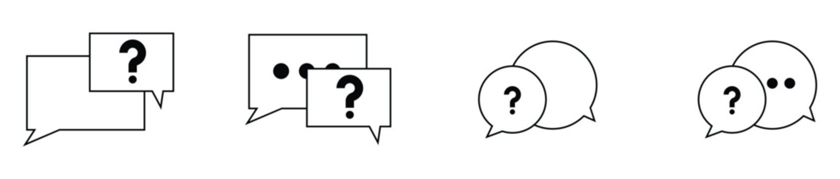 Multiple black outline speech and thought bubbles with question marks and ellipses for online communication and support icons
