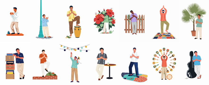 Collection of flat vector illustrations featuring Latin American men in traditional guayabera shirts engaged in music, yoga, gardening, and leisure activities.