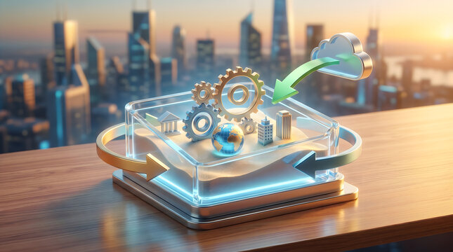 Cloud computing and digital twin city concept with 3D illustration of miniature buildings, gears, and earth globe inside a transparent glass case on a wooden desk over sunset skyline