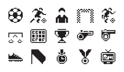 Retro pixel sport icon collection featuring soccer player trophy whistle stopwatch and flag. © MD.RAHIM