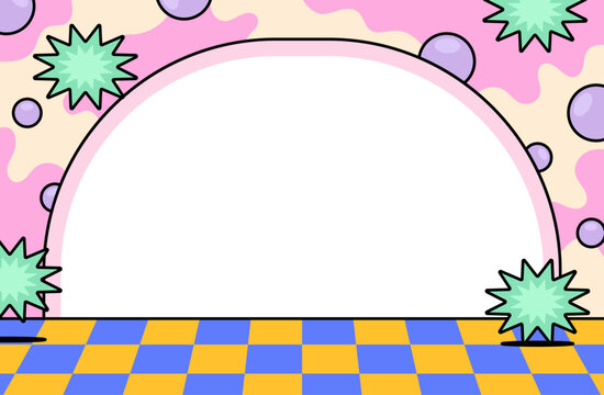Playful abstract background featuring geometric shapes, colorful checkerboard floor, and large empty podium space. ideal for product presentation, branding, advertising, and social media designs.