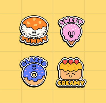 Dessert and food sticker set featuring sushi, ice cream, donut, and cake characters with playful typography. cartoon vector collection perfect for stickers, branding, packaging, and kids designs.