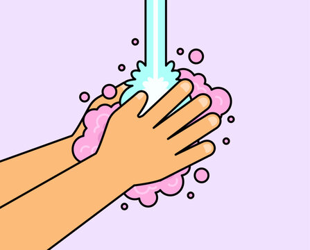 Hand washing with soap bubbles under running water to promote personal hygiene and cleanliness. cartoon vector illustration suitable for health, sanitation, and disease prevention concepts