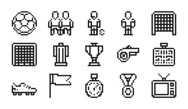 Pixel art football icons set including ball goal cup whistle flag and stopwatch silhouette.