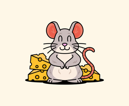 Adorable mouse character sitting in front of cheese slices with a cheerful expression. cartoon vector illustration perfect for mascots, education, or pet store