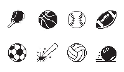 Fototapeta premium Eight pixel art sport icons featuring various equipment like racket ball bat and balls set.