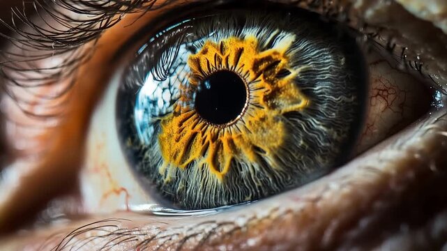 Extreme close-up of human eye with golden iris detail