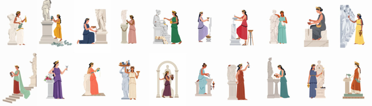Collection of ancient Greek and Roman women in traditional attire performing rituals, pouring libations, and interacting with classical marble statues and columns.