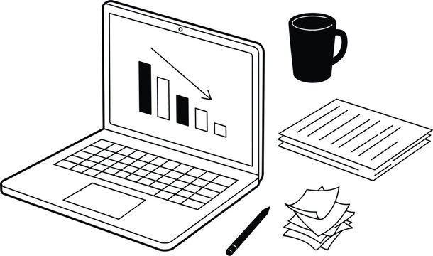 Laptop with falling down business chart graph sketch vector, finance crisis illustration for office work