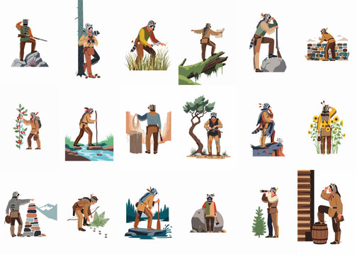 Set of flat vector illustrations depicting a frontiersman in buckskins and a coonskin cap engaging in various wilderness survival and exploration activities.