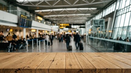 Fototapeta premium Busy modern airport terminal with travelers and wooden table.
