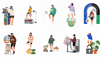 Fototapeta premium Flat Illustration Set of Women Interacting with Digital Concepts, Data Privacy, Technology, and Online Connectivity.